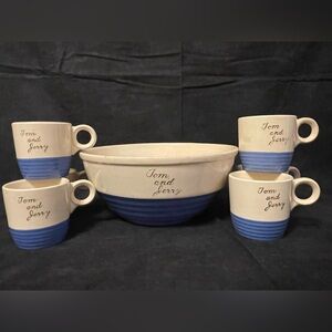 Vintage Rare Color, Tom and Jerry Blue and Cream Set. Bowl and Six cups.